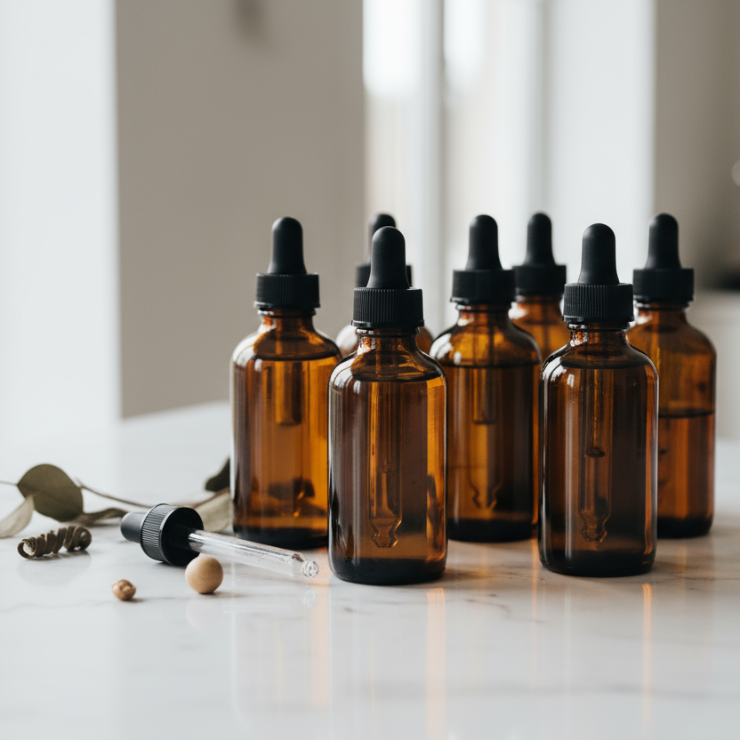 essenetial oils in amber glass bottles with dropper