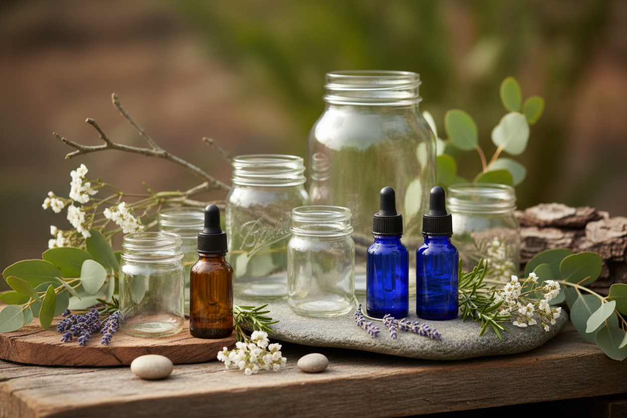 generate a picture of empty mason jars and essential oil bottles in a natural setting with a balanced lighting effect.